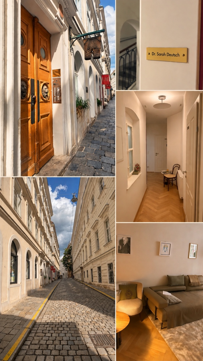 Eingang, Hausflur und Behandlungsraum der Praxis in der Grünangergasse